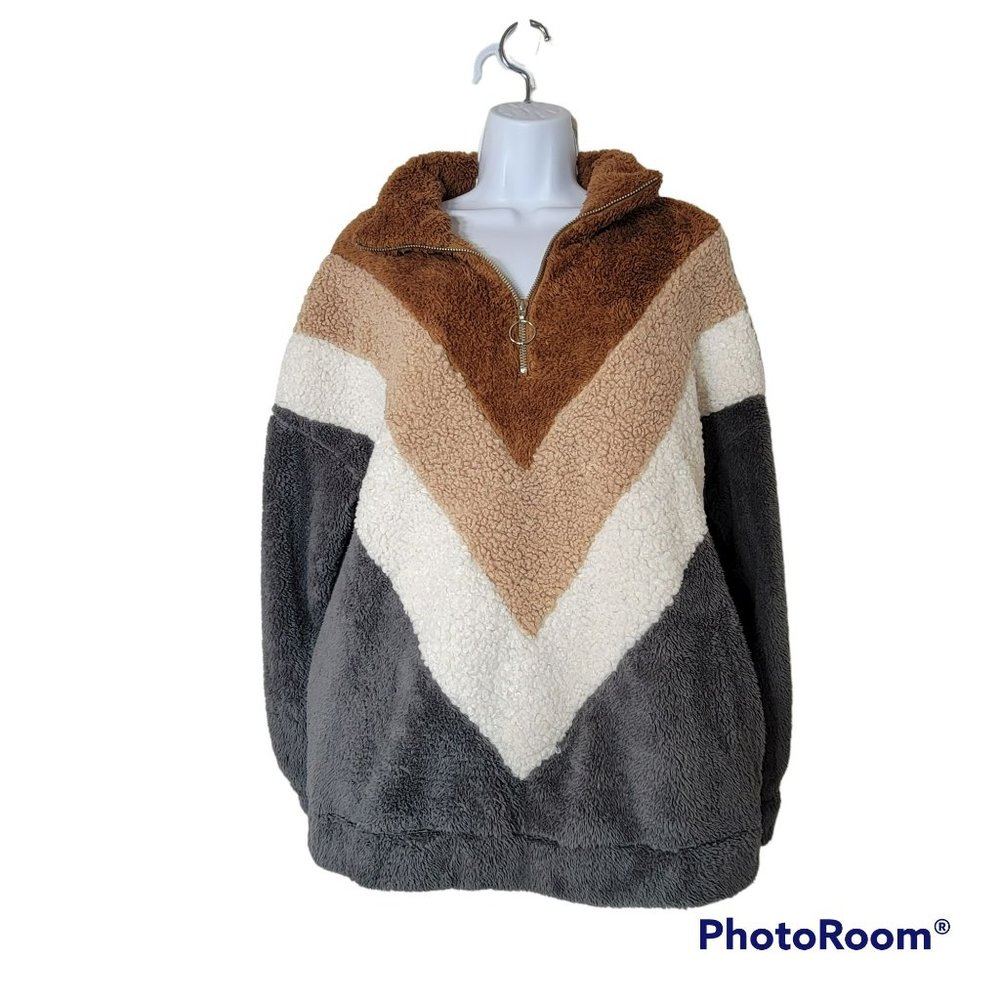 &Merci Women's Color Block Sherpa Jacket Pullover with  1/2 Zip Size Medium